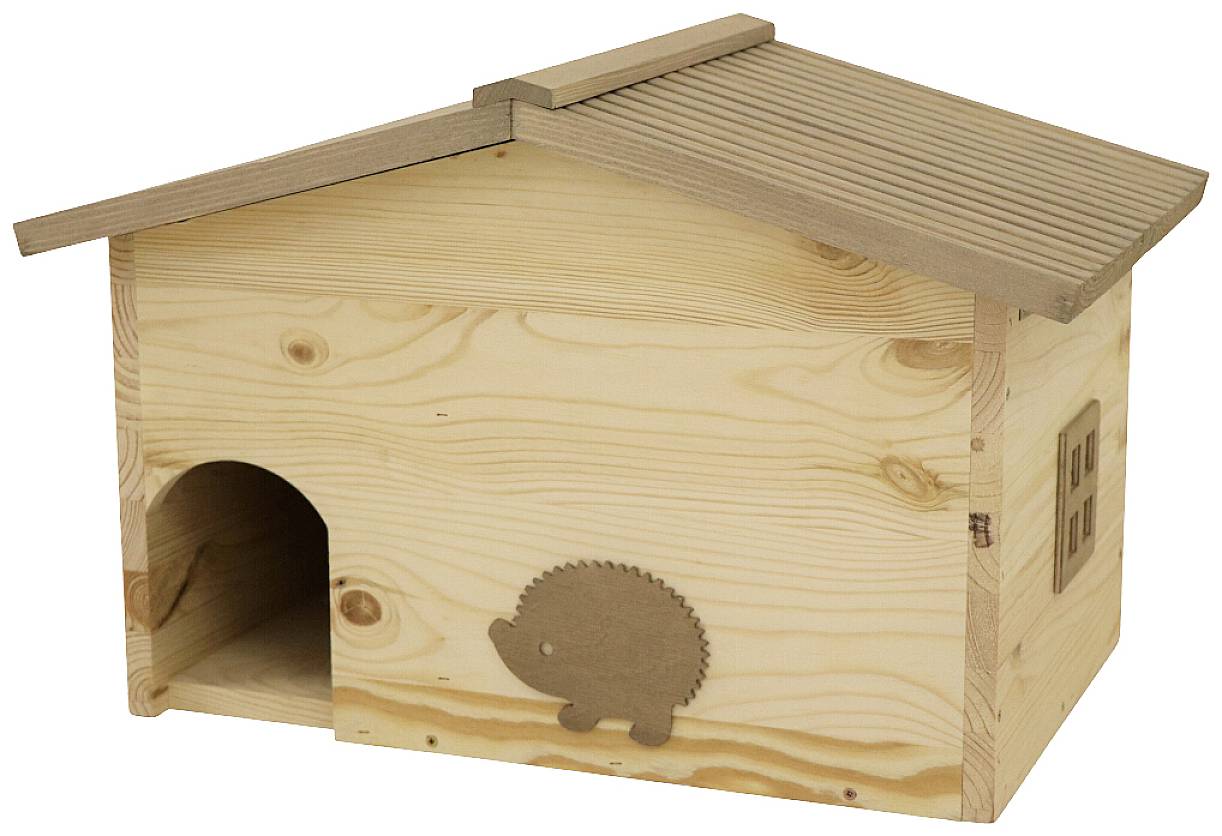 Casa per ricci in legno con tetto inclinato e un ritaglio a forma di riccio. Una piccola apertura funge da ingresso.