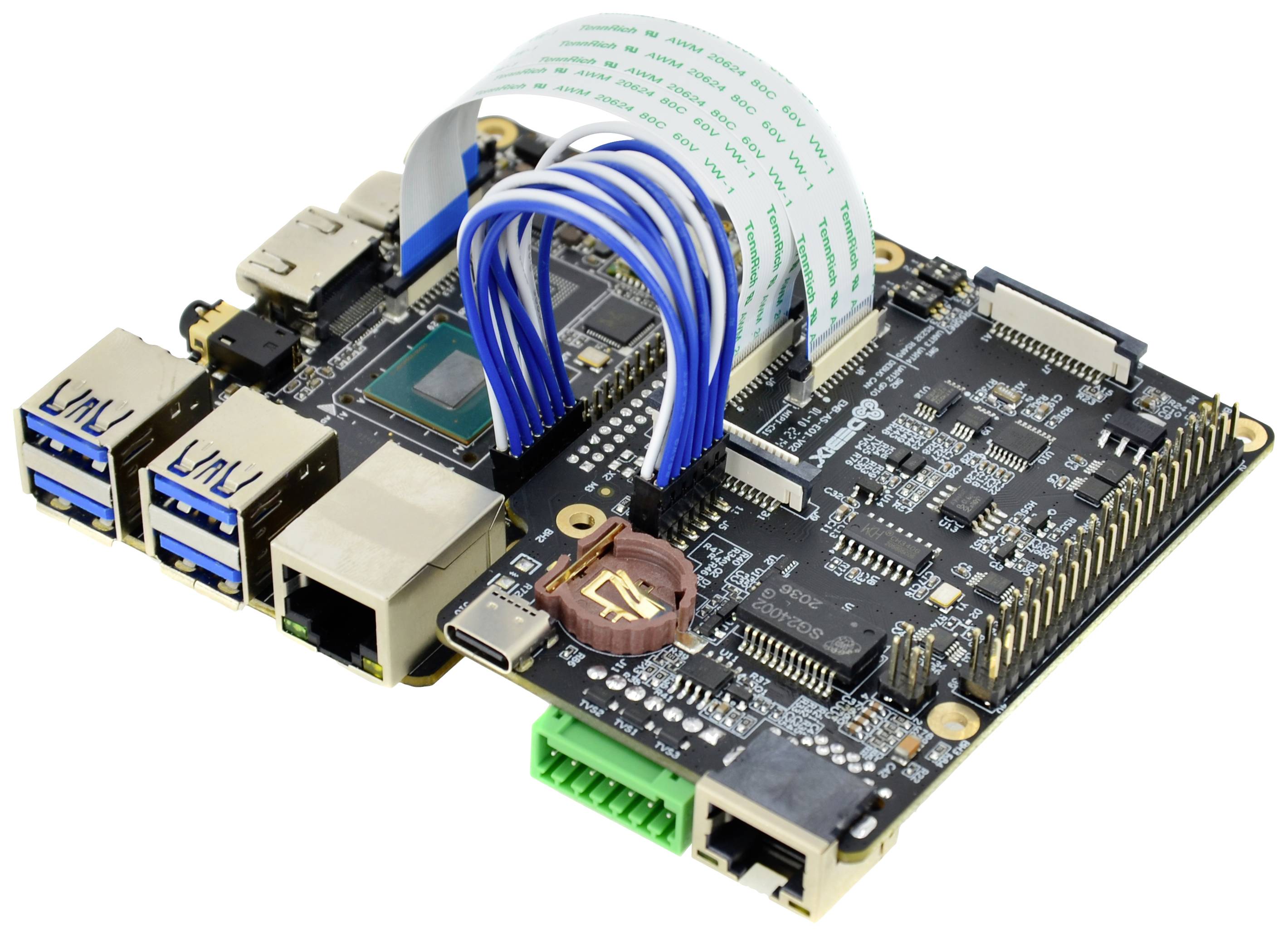 Un computer a scheda singola con cavi collegati, porte USB ed Ethernet. Simile a un Raspberry Pi.