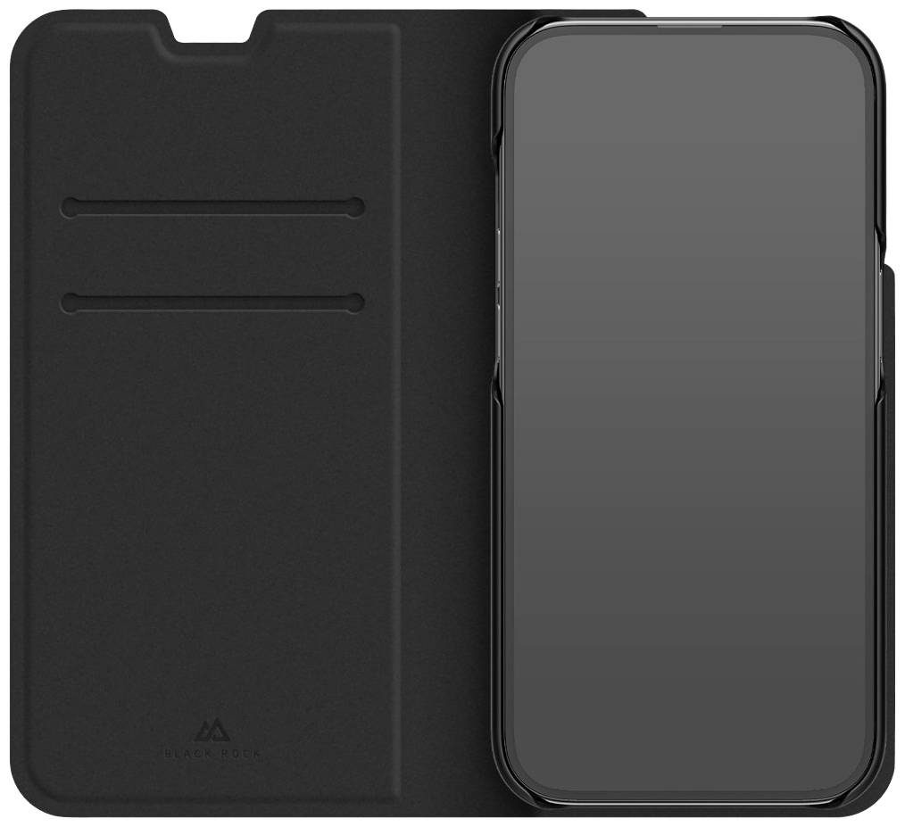 Cellulare nero con custodia aperta, due slot per carte a sinistra e il display del telefono a destra.