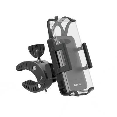 Un supporto nero per bicicletta con custodia trasparente per smartphone, che può essere montato sul manubrio. Ideale per il trasporto sicuro di un telefono cellulare.