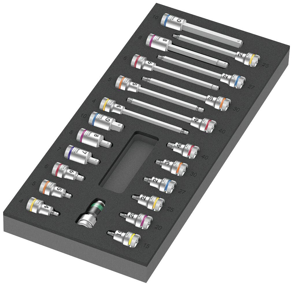 Un set di strumenti chirurgici in un supporto di schiuma, correttamente disposti e contrassegnati per dimensione e colore.