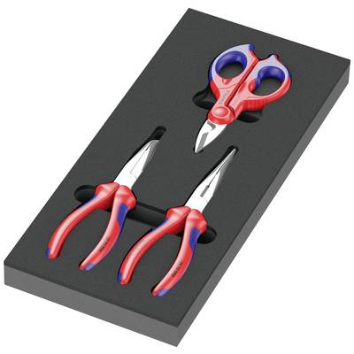Set di utensili composto da due pinze e un paio di forbici, tutti con impugnature rosse, inseriti in un supporto di schiuma.