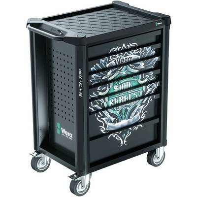 Carrello portautensili con quattro cassetti, corpo nero e design decorativo sulla parte frontale. Contrassegnato con 'Wera'.