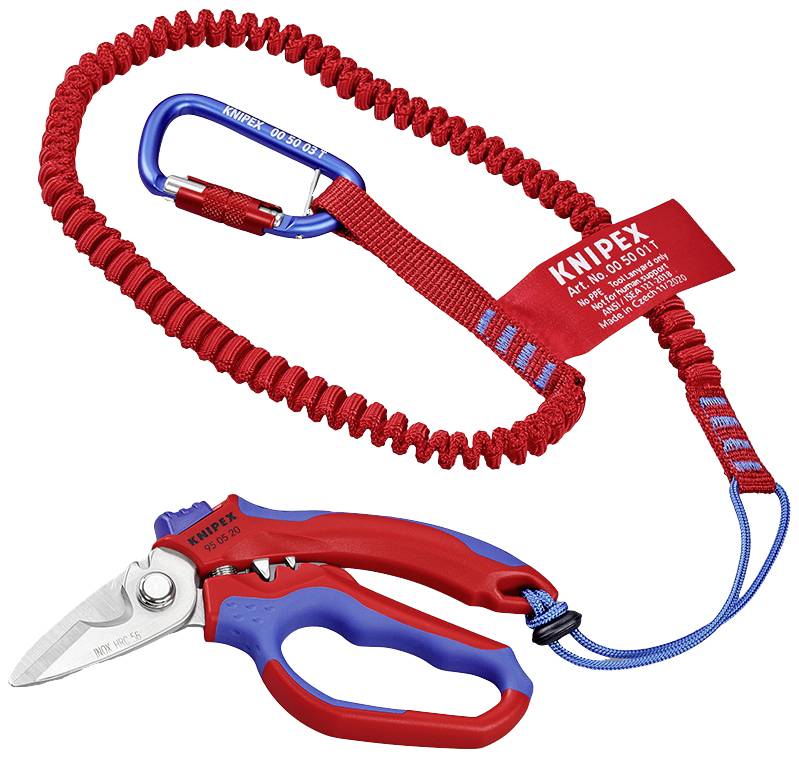 Attrezzo di sicurezza rosso con moschettone e cavo a spirale, idoneo per l'ancoraggio durante il lavoro in quota.