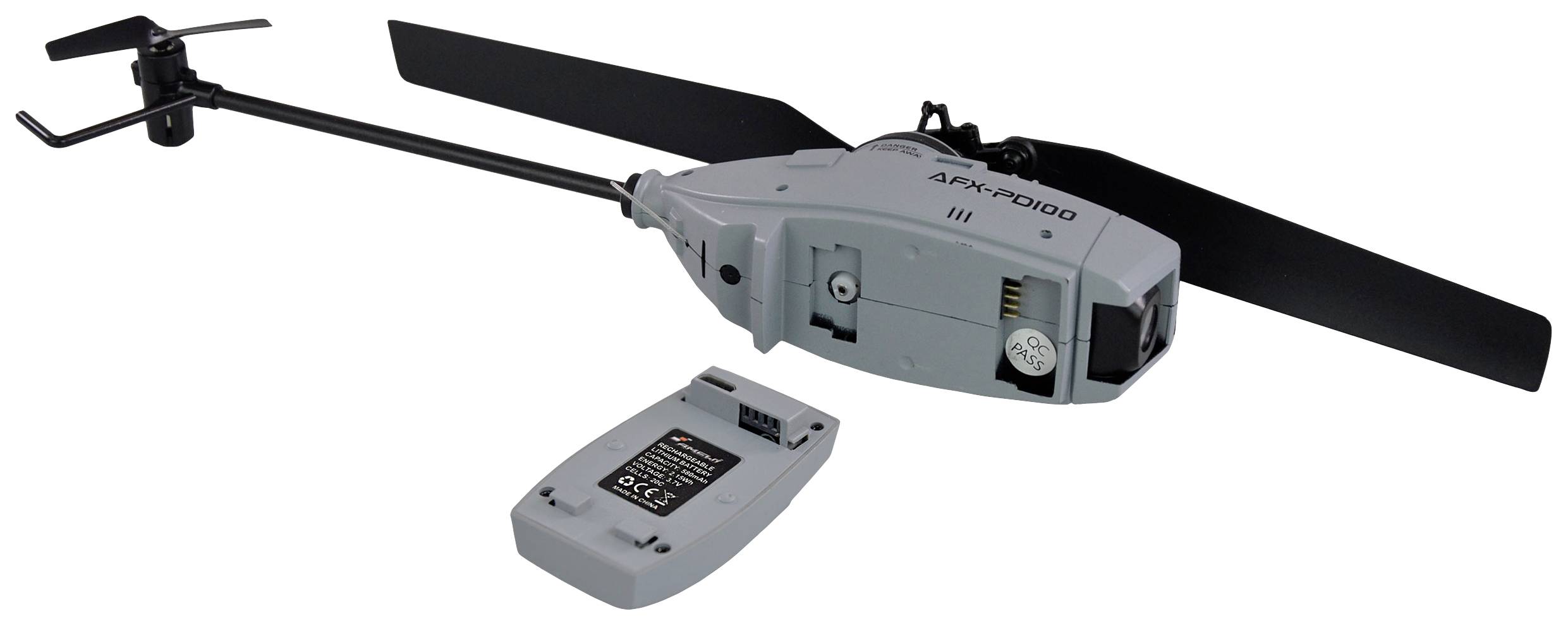 Piccolo elicottero grigio con batteria estraibile, con eliche posizionate sopra e dietro, adatto agli appassionati di modellismo aereo.