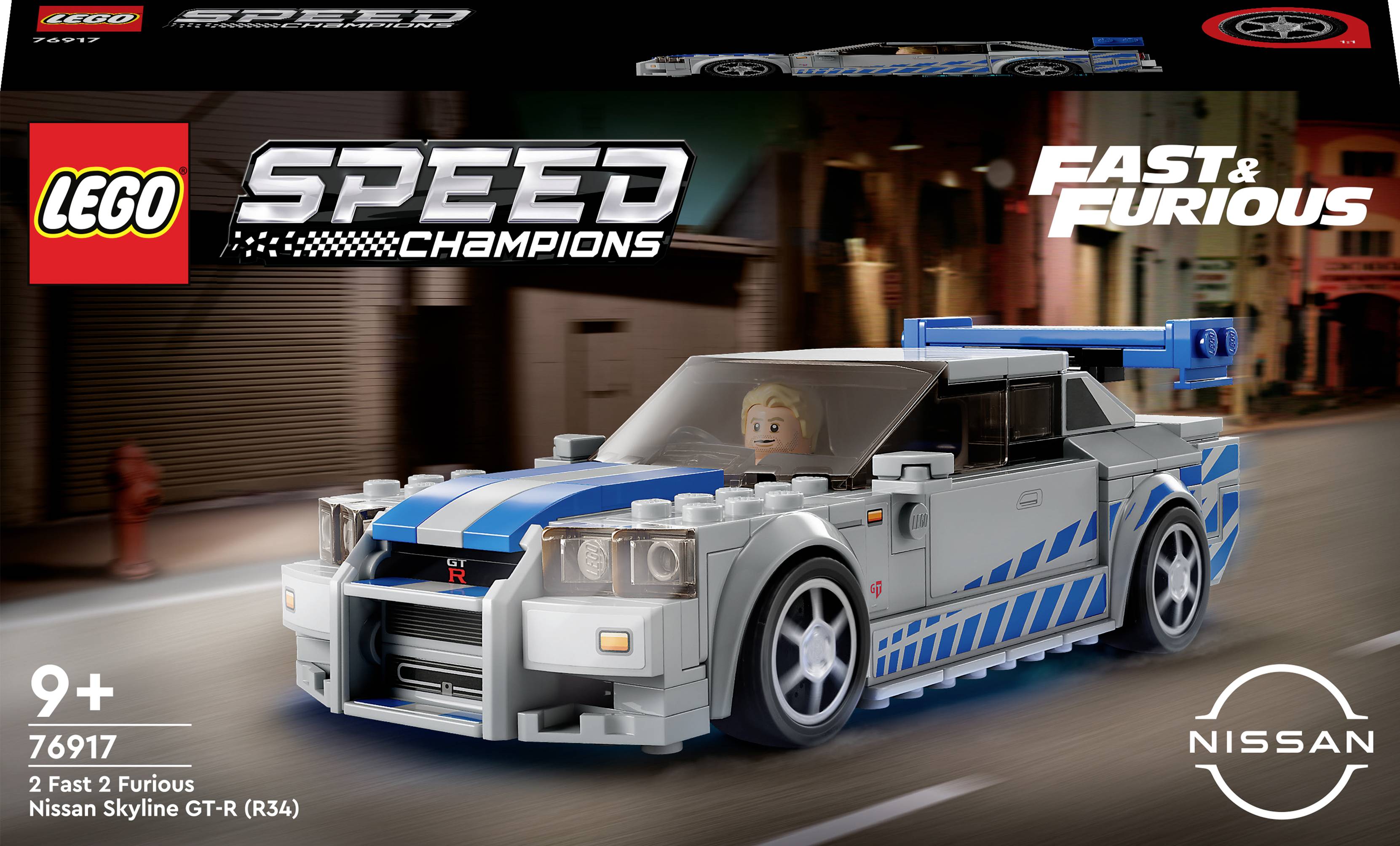 Set LEGO Speed Champions con Nissan Skyline GT-R (R34) di '2 Fast 2 Furious'. Include un modellino di auto e una figura di pilota. Adatto dai 9 anni in su.