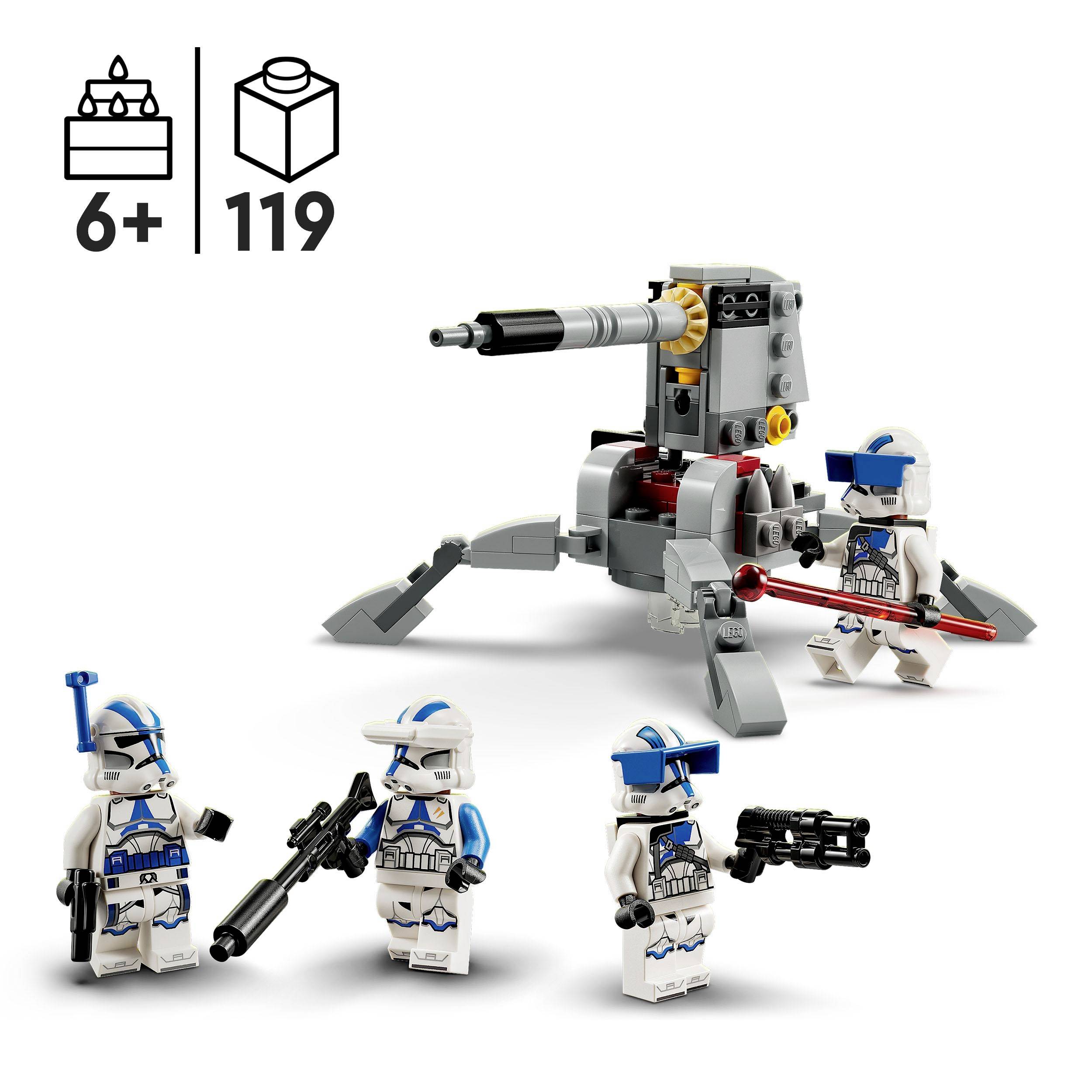 Set LEGO con 119 pezzi per bambini dai 6 anni in su, raffigurante un cannone e quattro minifigure con armatura bianca e blu.