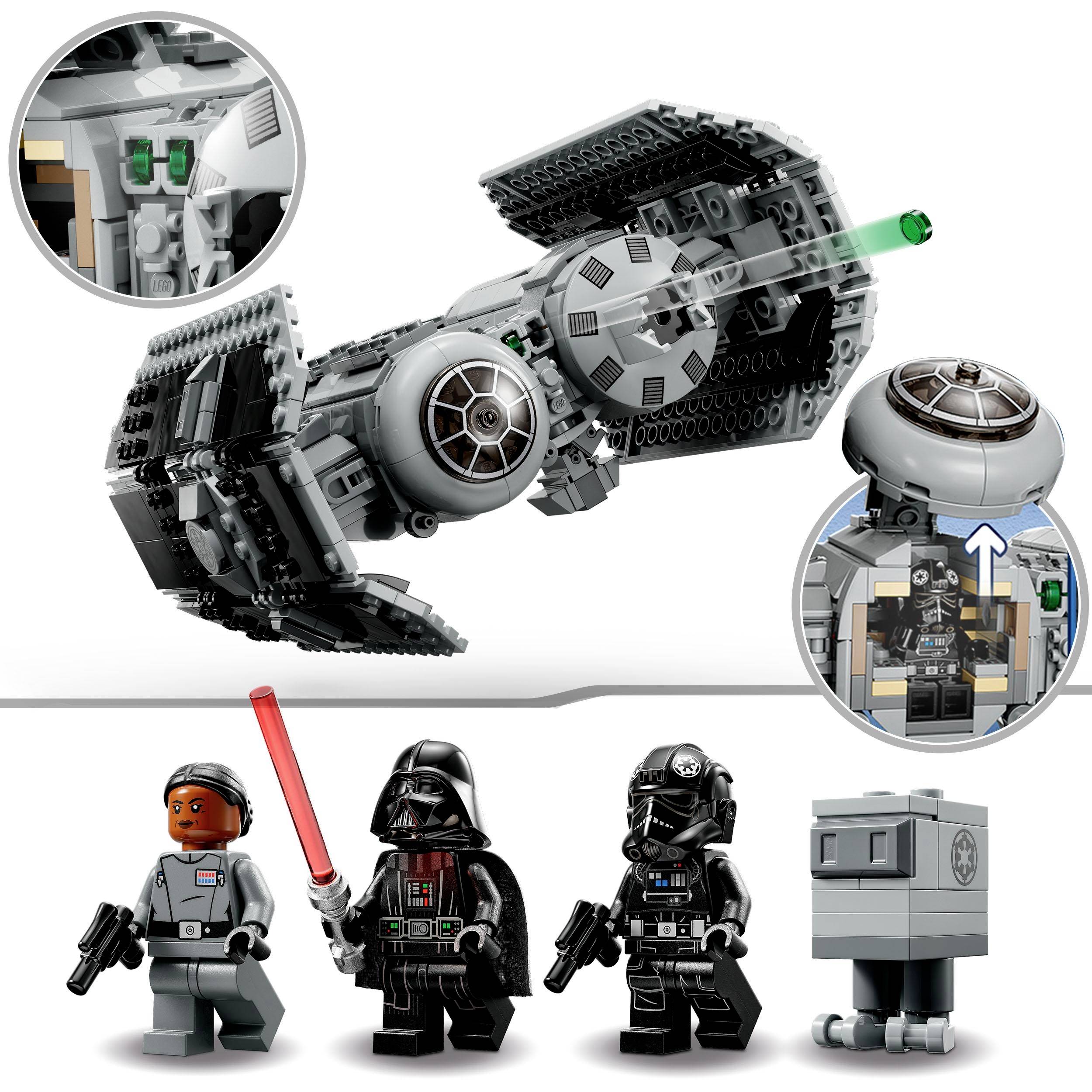 Modello LEGO: Astronave con scafo scuro e razzo verde, circondato da quattro minifigure, tra cui un personaggio vestito di nero con spada laser rossa.