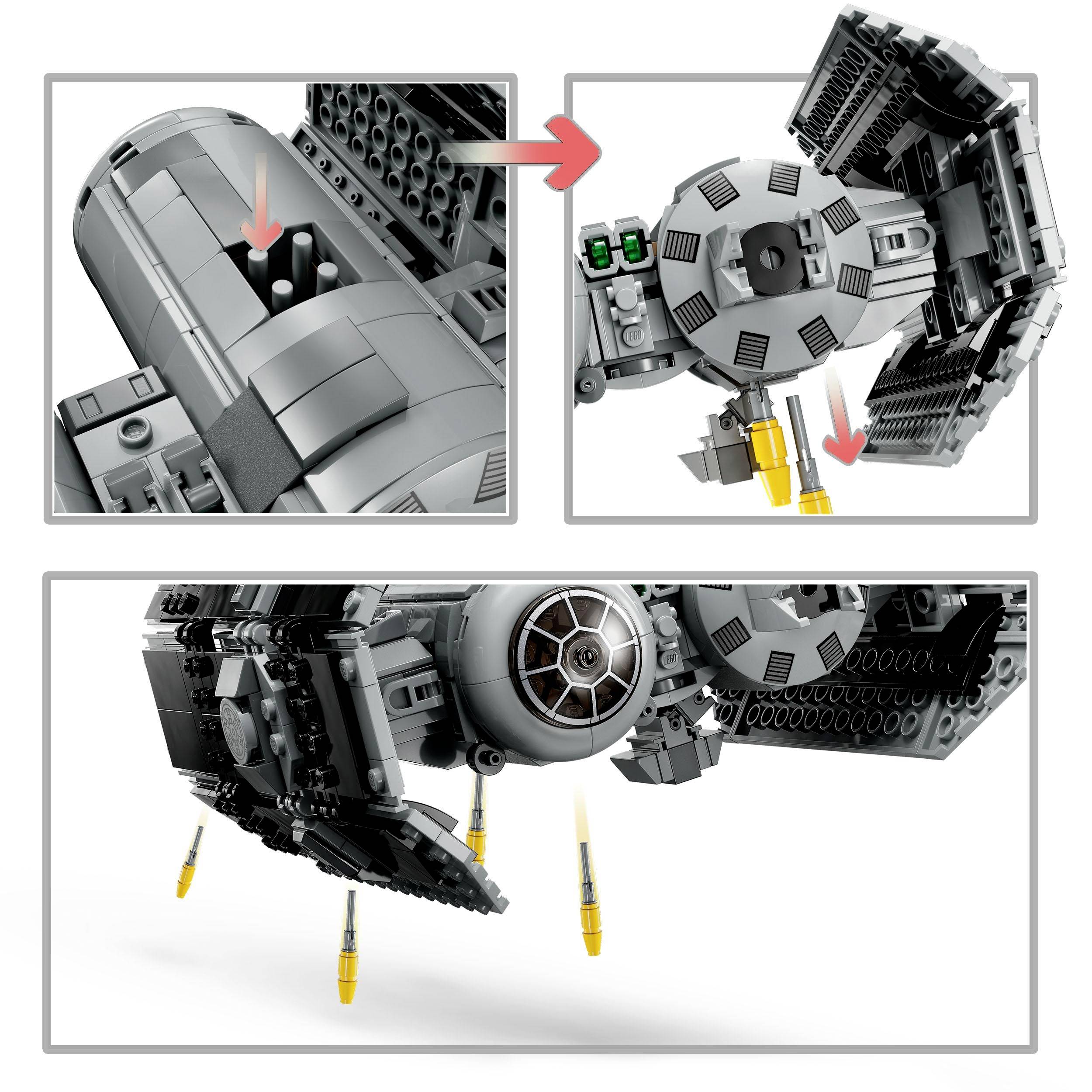 Modello LEGO di un veicolo spaziale con viste dettagliate dei punti di attacco e parti mobili, come ali e razzi.