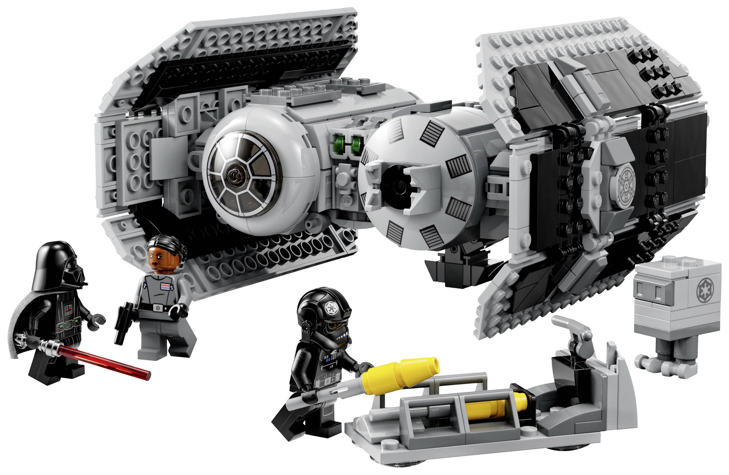 Un giocattolo Lego raffigura un'astronave con elementi neri e grigi. Quattro figure, tra cui un cattivo con una spada laser rossa.