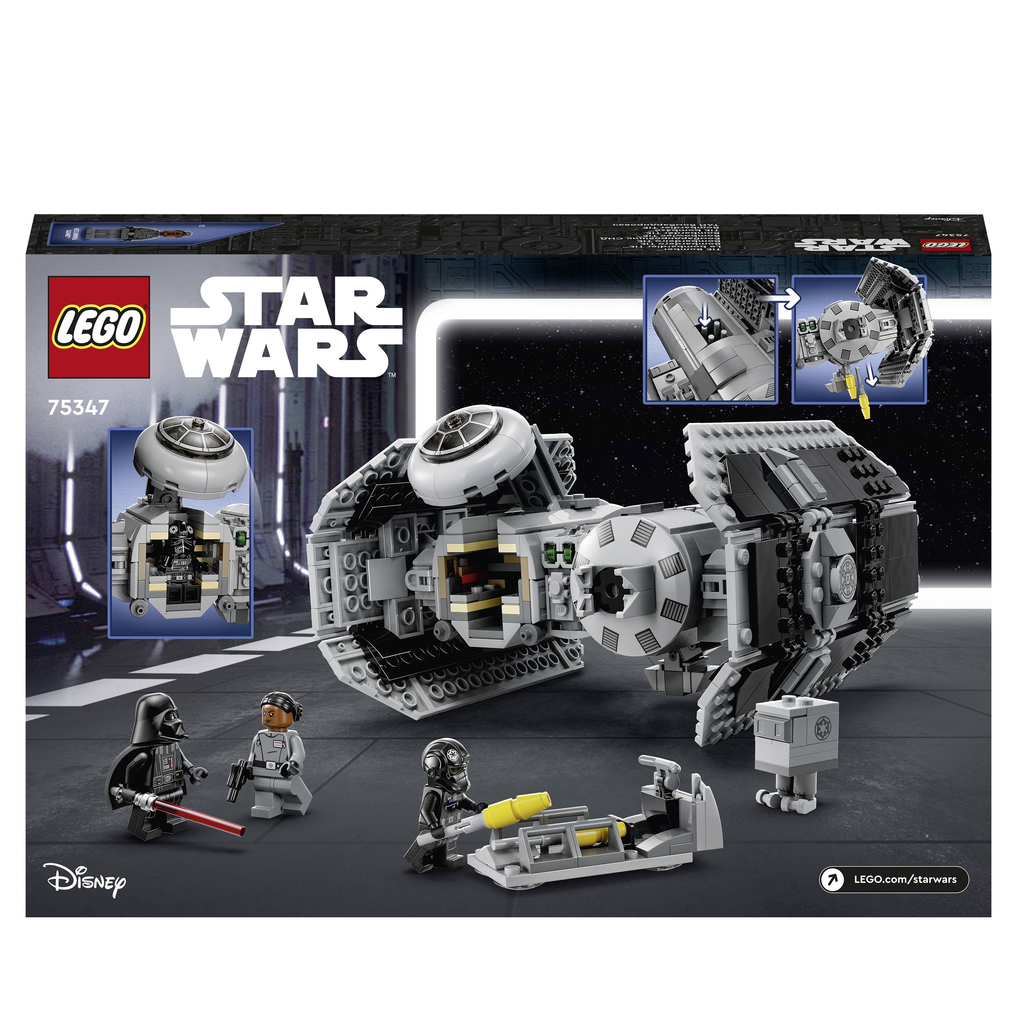 Set LEGO Star Wars con veicolo spaziale e tre personaggi. Un piccolo modello da assemblare che mostra una navicella spaziale con parti mobili.