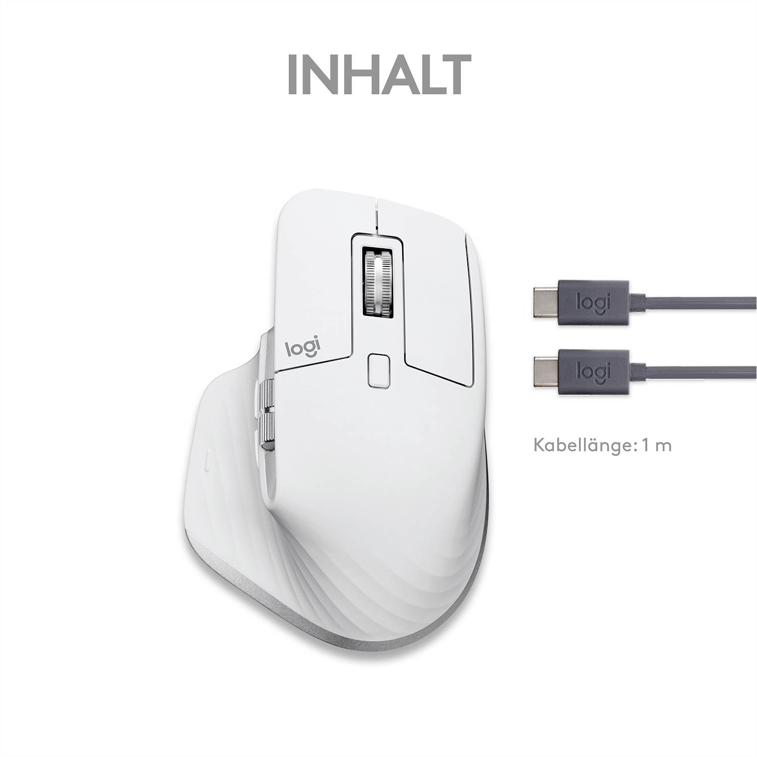Un mouse wireless bianco del marchio Logitech con cavo USB-C, lunghezza: 1 m, è illustrato. Testo: 'CONTENUTO'.