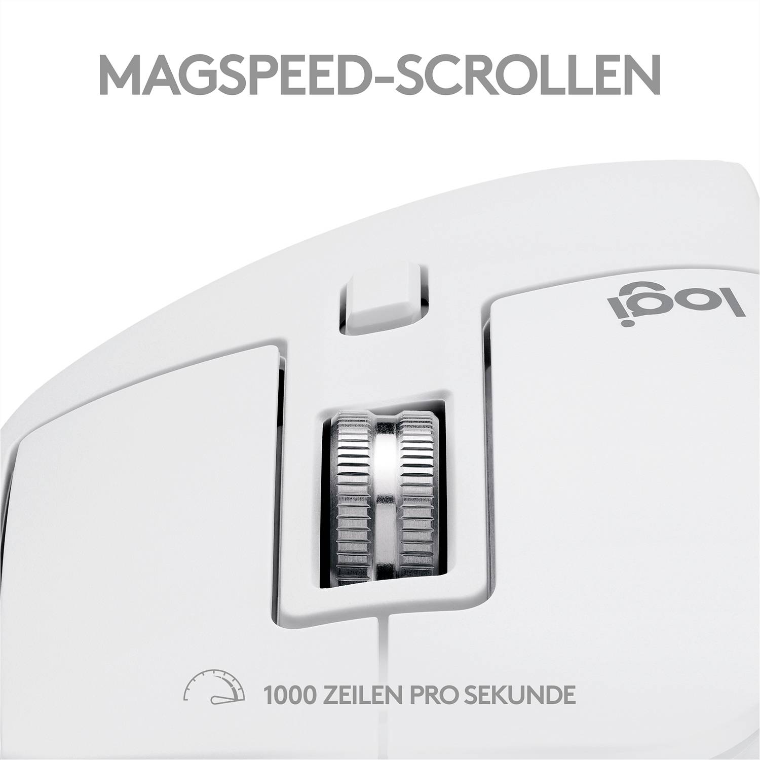Mouse bianca per computer con rotella argentata. Sopra c'è scritto 'Scorrimento Magspeed'. Sotto testo con simbolo: '1000 righe al secondo'.