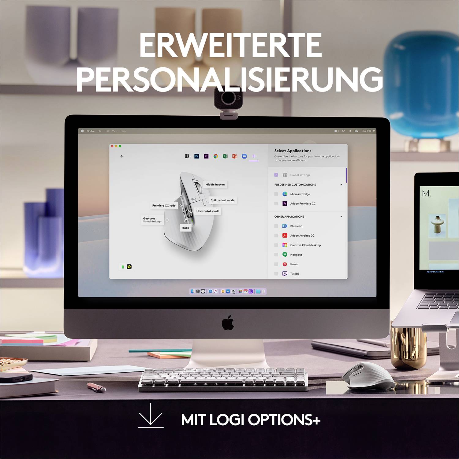 Immagine di uno schermo del computer con un software di configurazione dispositivi aperto. Testo 'PERSONALIZZAZIONE AVANZATA' e 'CON LOGI OPTIONS+'.