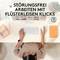 Una persona lavora al computer in un ufficio moderno. In alto è scritto: 'Lavorare senza interruzioni con clic silenziosi come un sussurro'.