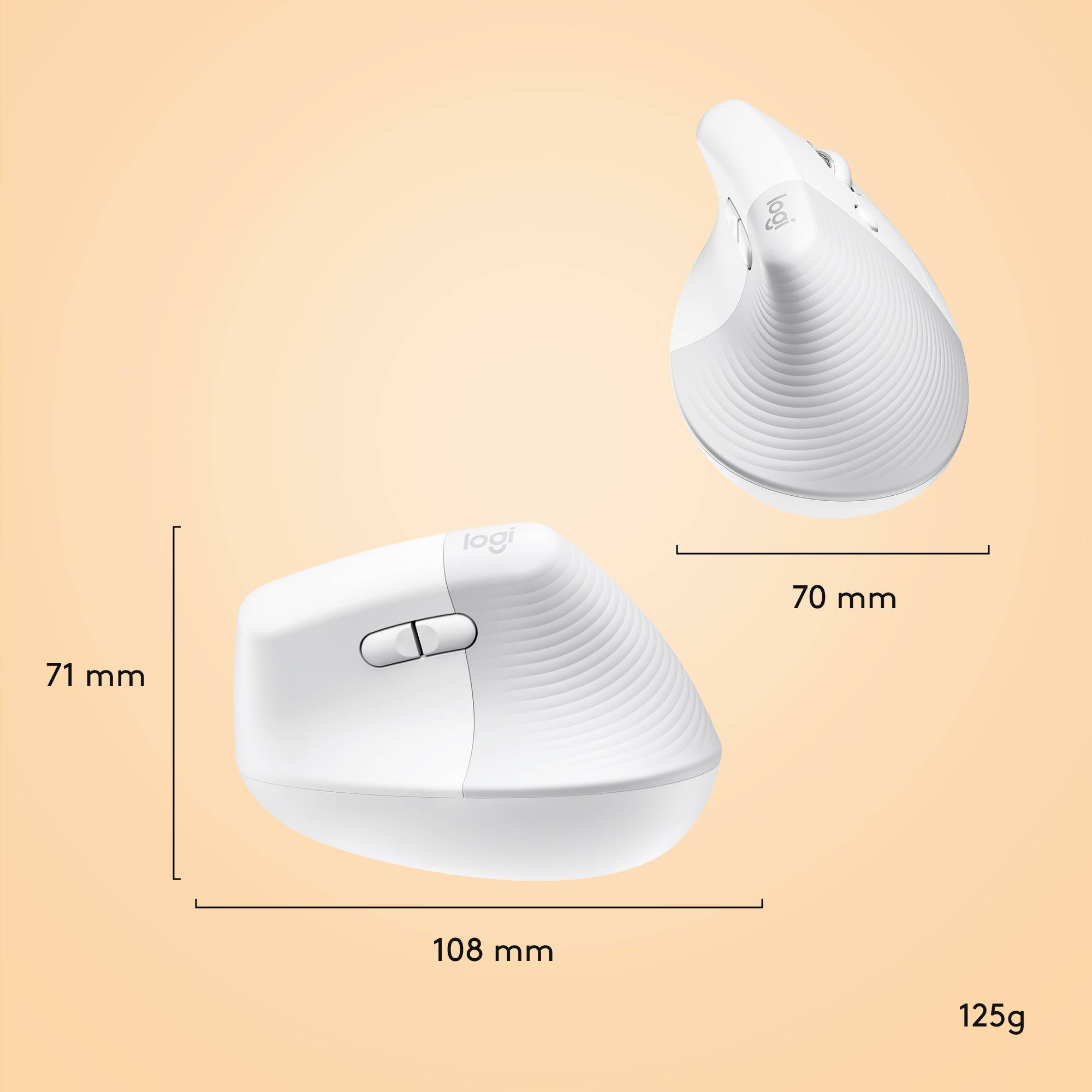 Mouse ergonomica bianca con forma arrotondata. Dimensioni: altezza 71 mm, larghezza 70 mm, lunghezza 108 mm. Peso: 125 g.