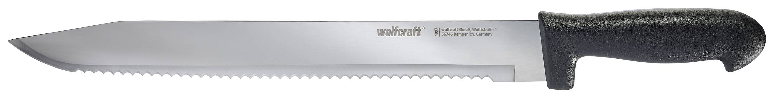 Coltello grande con lama seghettata e impugnatura nera, adatto per la preparazione della carne.