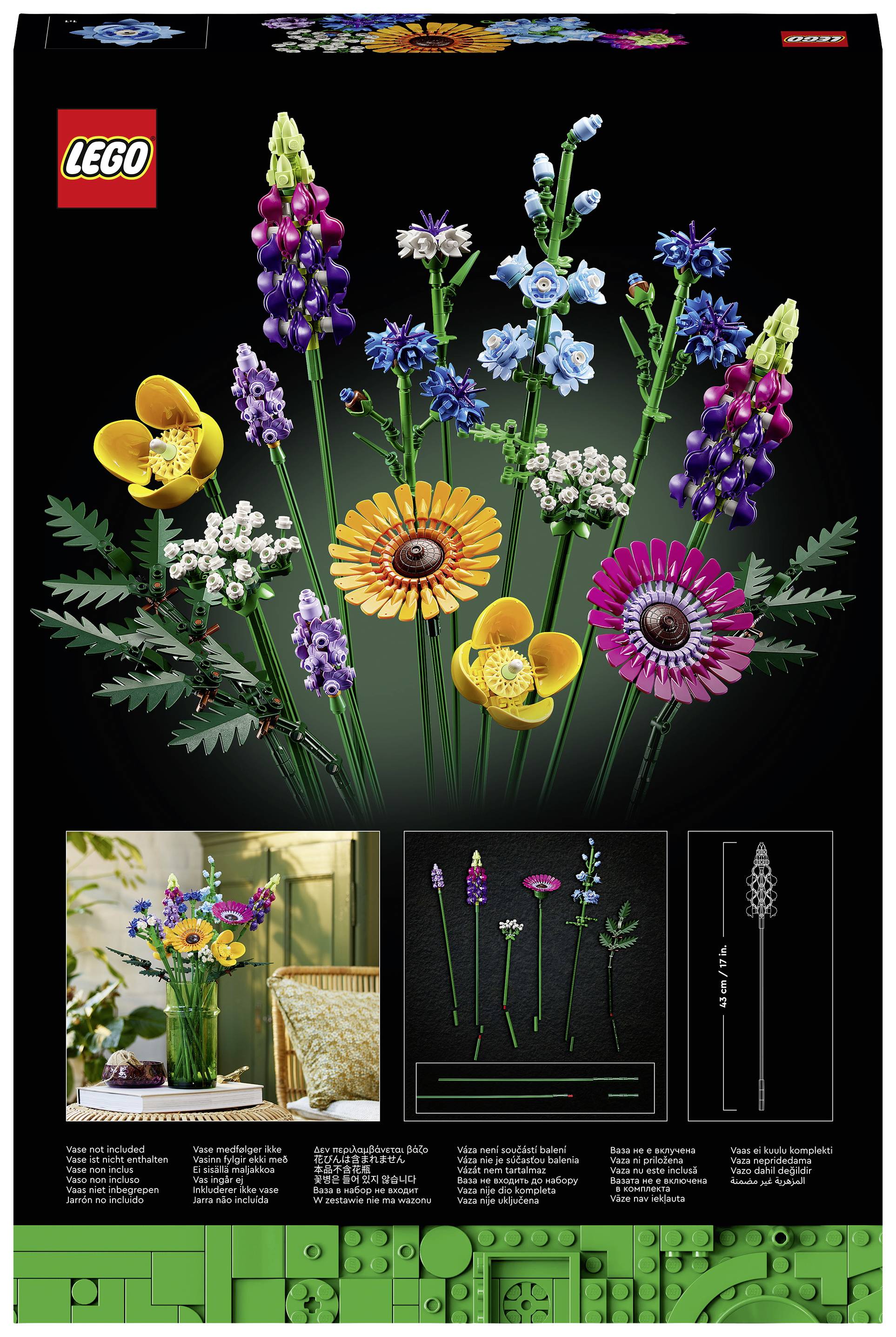 Confezione del set LEGO raffigurante un bouquet di fiori LEGO costruibili, inclusi papaveri e margherite. Contiene istruzioni di montaggio.