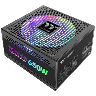Un alimentatore Thermaltake Toughpower GF2 ARGB da 650W con illuminazione RGB. Mostra vivaci effetti luminosi sulla parte superiore.