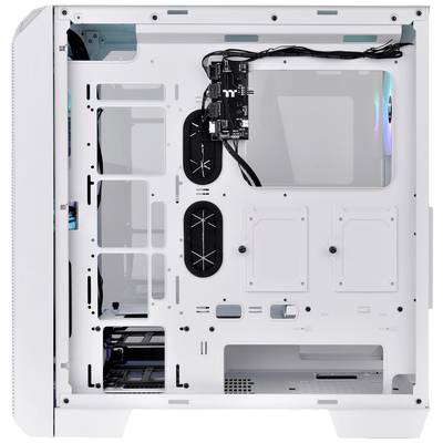 Un case per computer bianco privo di componenti, con cavi fissati nella parte superiore e diversi alloggiamenti per l'installazione di componenti hardware.