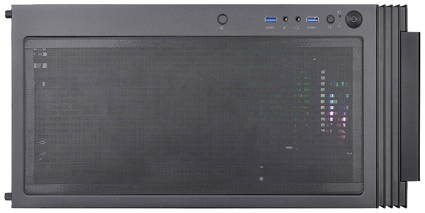 Vista frontale di un case per computer con porte USB e griglie di ventilazione, con ventole illuminate sullo sfondo.
