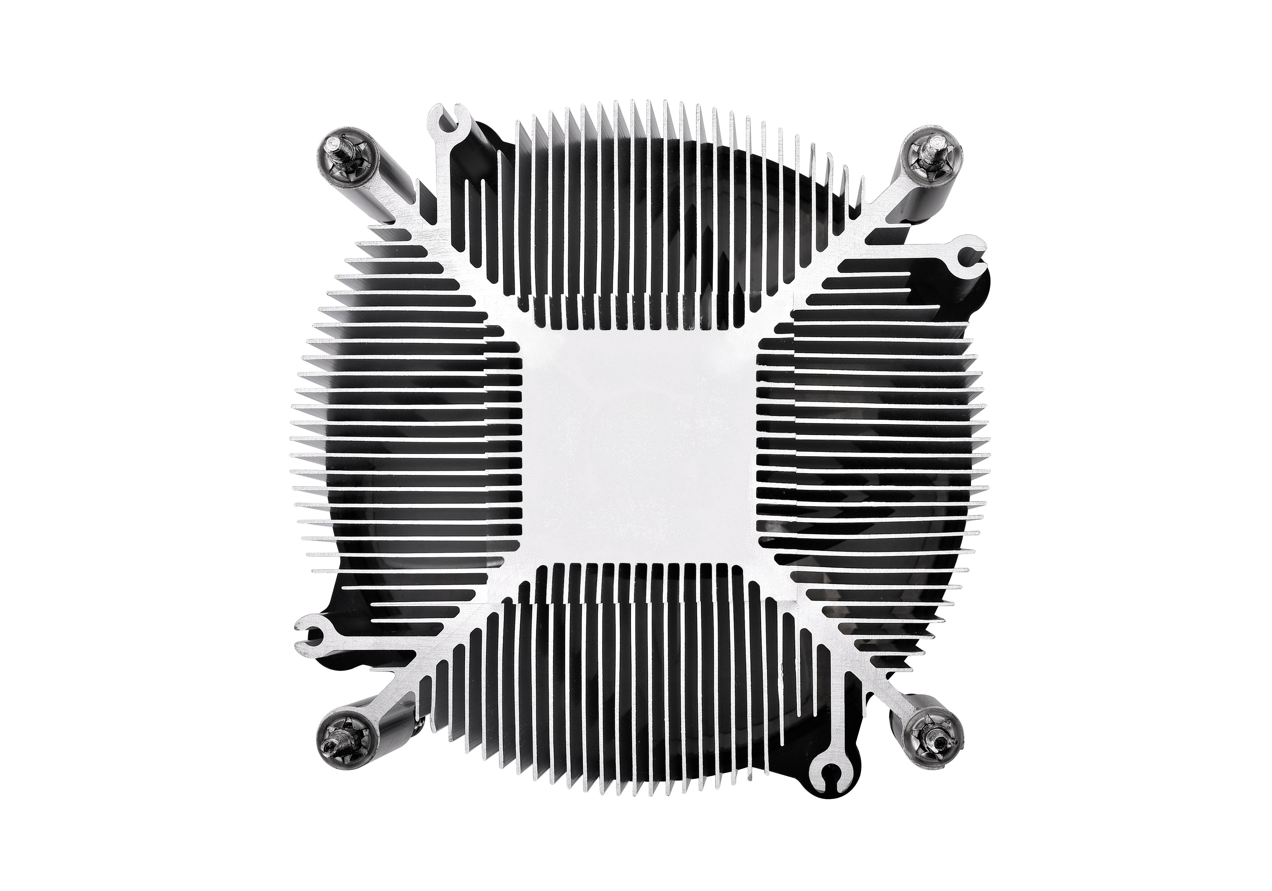 Dissipatore di calore in metallo per la dissipazione termica di componenti elettronici. La vista dall'alto mostra lamelle parallele per ottimizzare il raffreddamento.