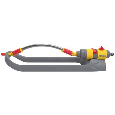 Un irrigatore giallo e grigio con attacco rosso.