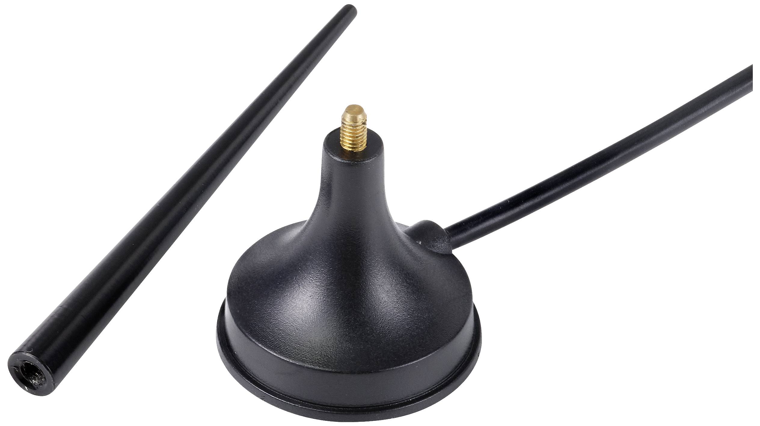 Antenna nera con base magnetica e asta rimovibile. Utilizzata per la trasmissione wireless di segnali, comunemente impiegata per reti Wi-Fi o comunicazioni mobili.
