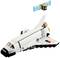 Un Space Shuttle LEGO bianco con due motori arancioni e ali mobili. In alto aleggia un piccolo satellite LEGO.