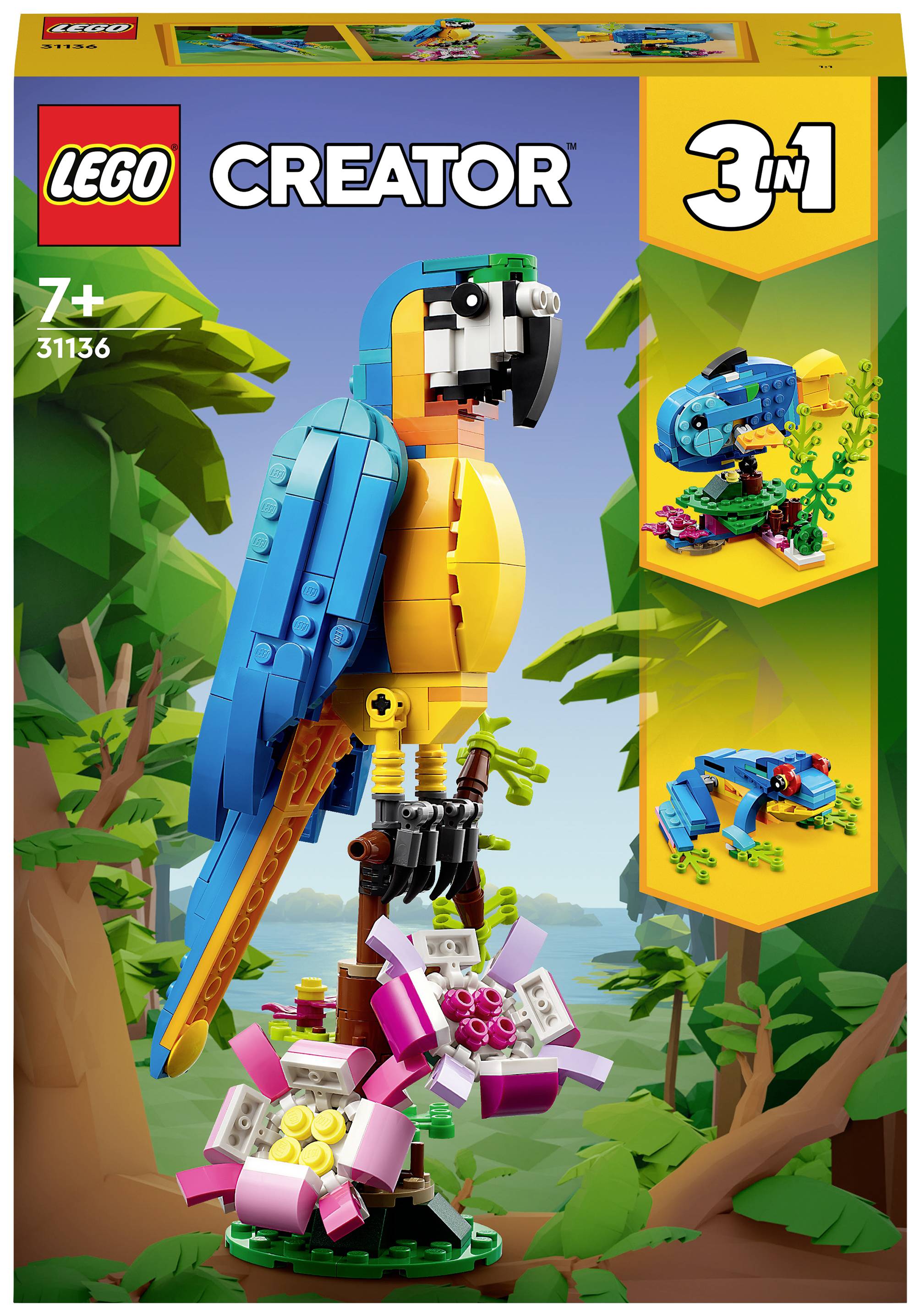 Una scatola LEGO Creator 3-in-1 mostra un pappagallo su un ramo, un camaleonte e un pesce come opzioni di costruzione alternative. Da 7 anni in su.
