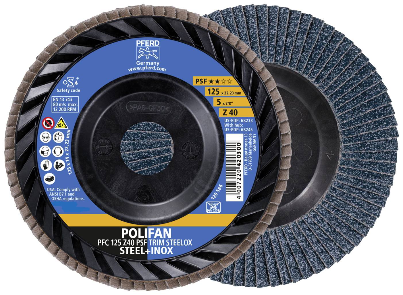 'POLIFAN PFC 125 Z40' Lamellenscheiben di PFERD per acciaio e acciaio inossidabile, ideali per lavori di molatura aggressivi. Diametro 125 mm.