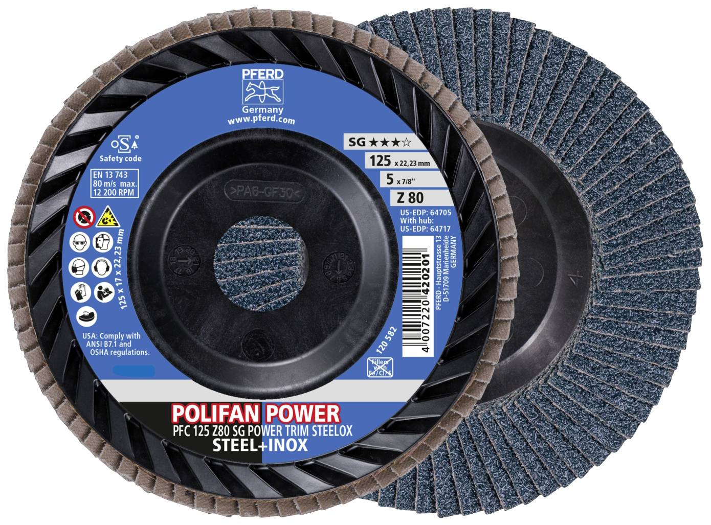 Due dischi abrasivi blu con bordo marrone, contrassegnati 'POLIFAN POWER PFC 125 Z80 SG POWER TRIM STEELOX'. Adatti per acciaio-inox.