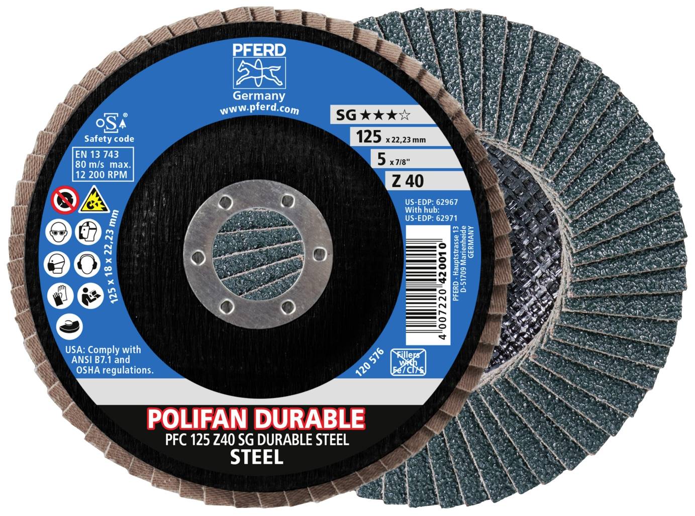 'POLIFAN DURABLE' Disco abrasivo per acciaio con diametro di 125 mm e foro da 22,23 mm. Idoneità: SG, Z40, 5°. Marca: PFERD.