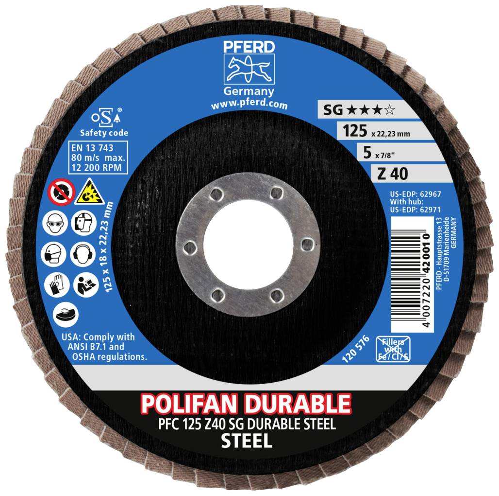 Disco abrasivo 'PFERD Polifan', diametro 125 mm, per acciaio, con velocità massima di 12.200 giri/min, grana 40, certificato EN 13743.