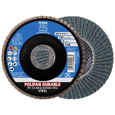 Disco abrasiva con etichetta: 'PFERD Polifan Durable', diametro 125 mm, Z60 per acciaio, blu-nero, informazioni di sicurezza e normative.