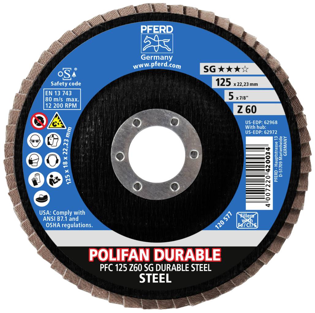 'POLIFAN DURABLE' Disco abrasivo per acciaio, diametro 125 mm, velocità raccomandata 12.200 giri/min. Produttore: PFERD.