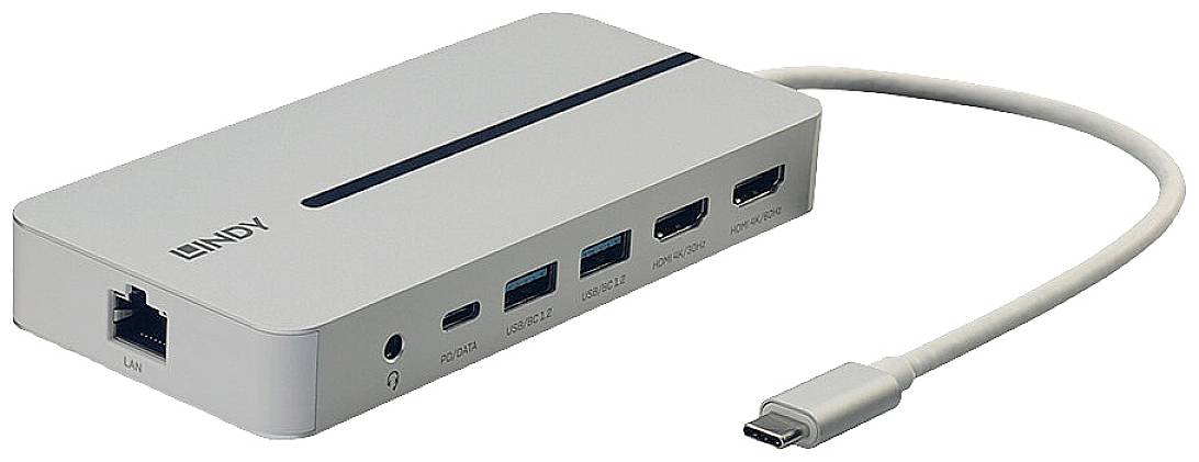 Un hub USB-C argento con multiple porte: LAN, PD3.0, USB 3.2, porte HDMI e VGA, con cavo integrato.