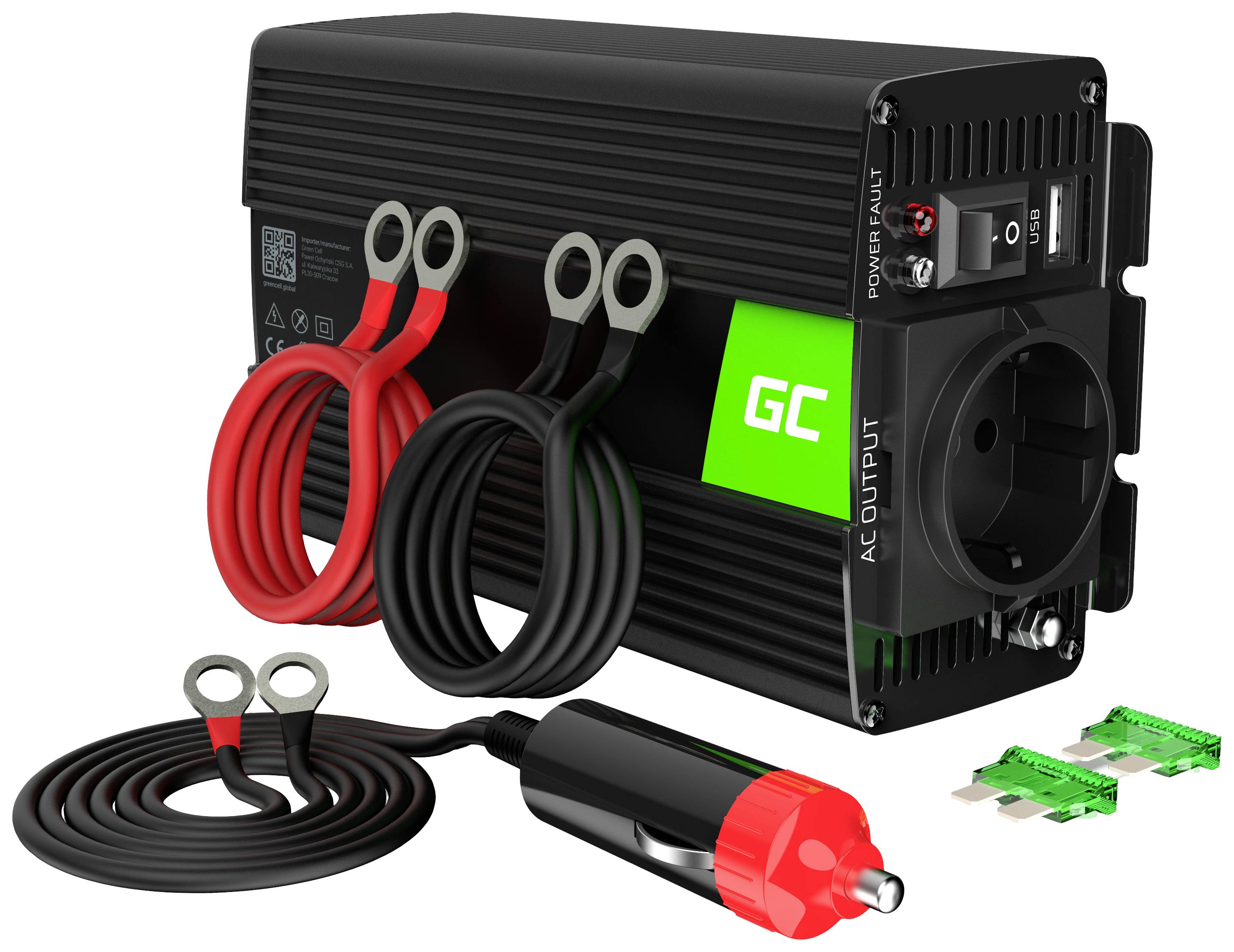 'Inverter con presa elettrica e connessioni, inclusi cavi e fusibili per il collegamento alla batteria dell'auto.'