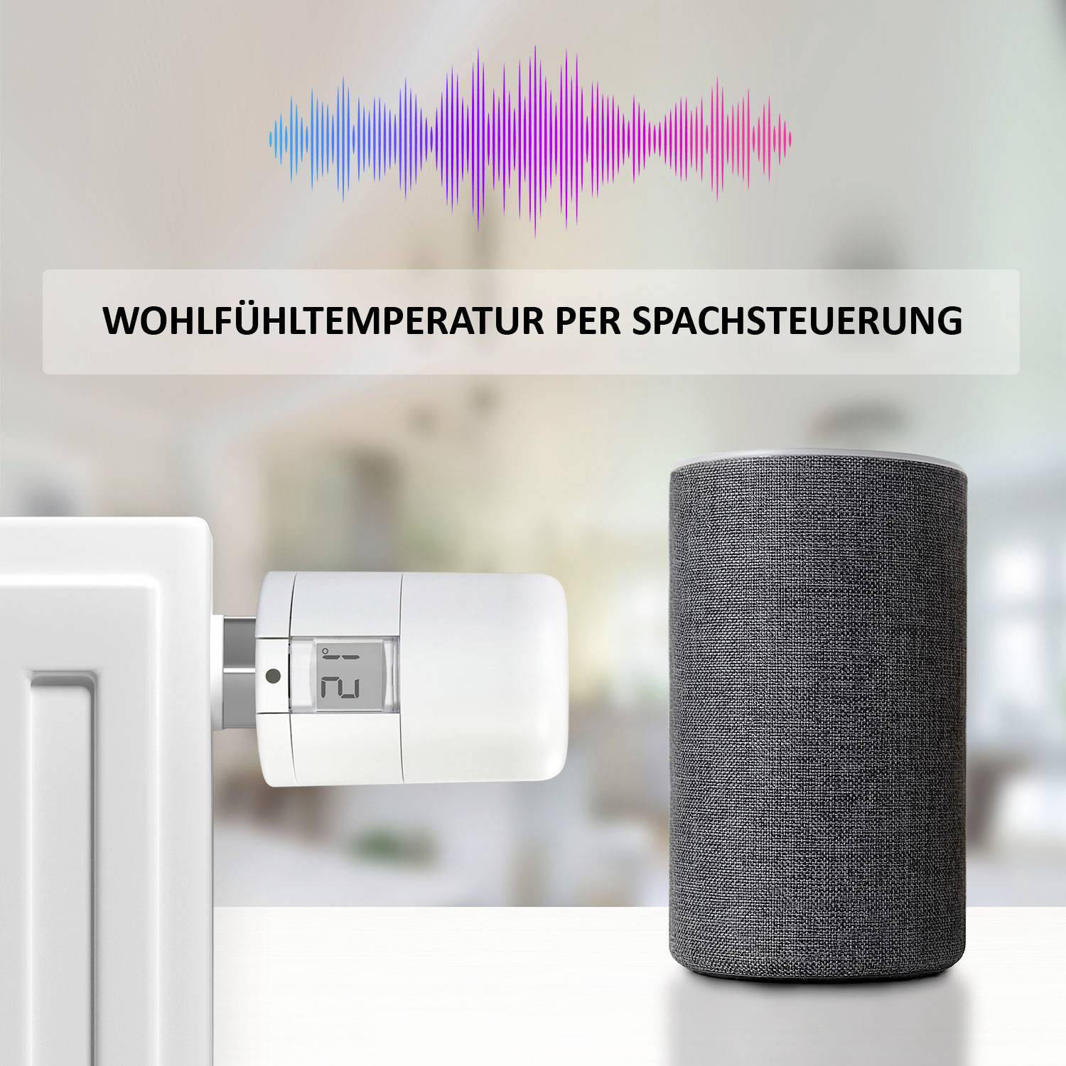 Un termostato intelligente e un altoparlante smart in una stanza moderna. Testo: 'Temperatura del benessere con controllo vocale'.