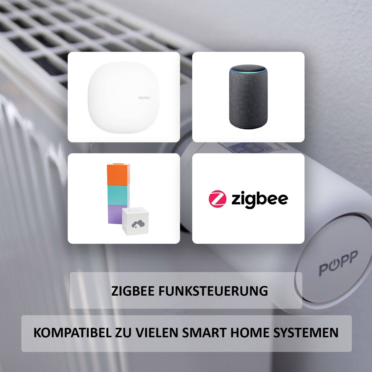 Componenti Smart Home con controllo radio Zigbee davanti a un radiatore. Testo: 'Controllo radio Zigbee, compatibile con molti sistemi Smart Home'.