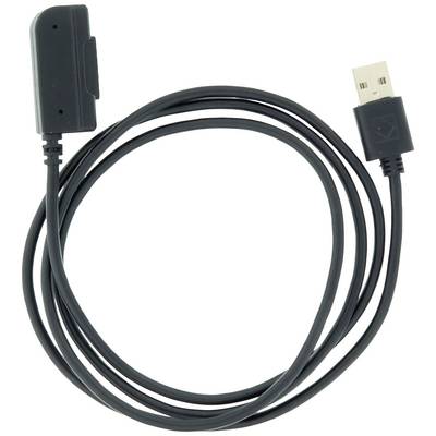 Un cavo di ricarica USB nero con un connettore rettangolare su un lato e un connettore USB-A sull'altro lato.