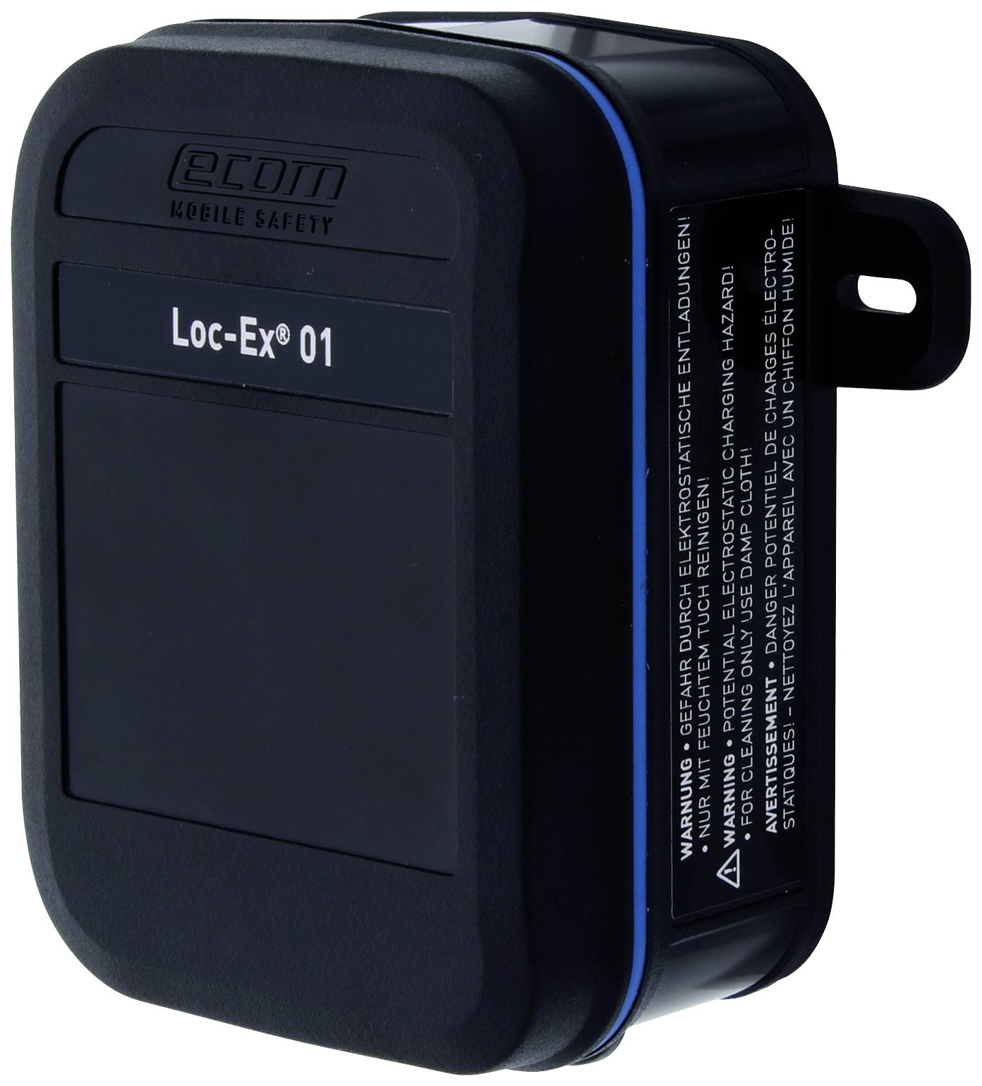 Un dispositivo nero e rettangolare con la scritta 'Loc-Ex® 01' e un avviso di sicurezza sul lato.