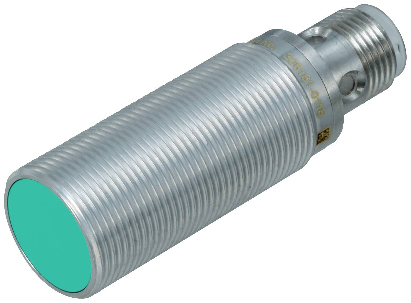 Cilindro metallico con estremità verde. Sembra essere un sensore o un componente tecnico. Mancano dettagli sulla sua funzione o utilizzo.