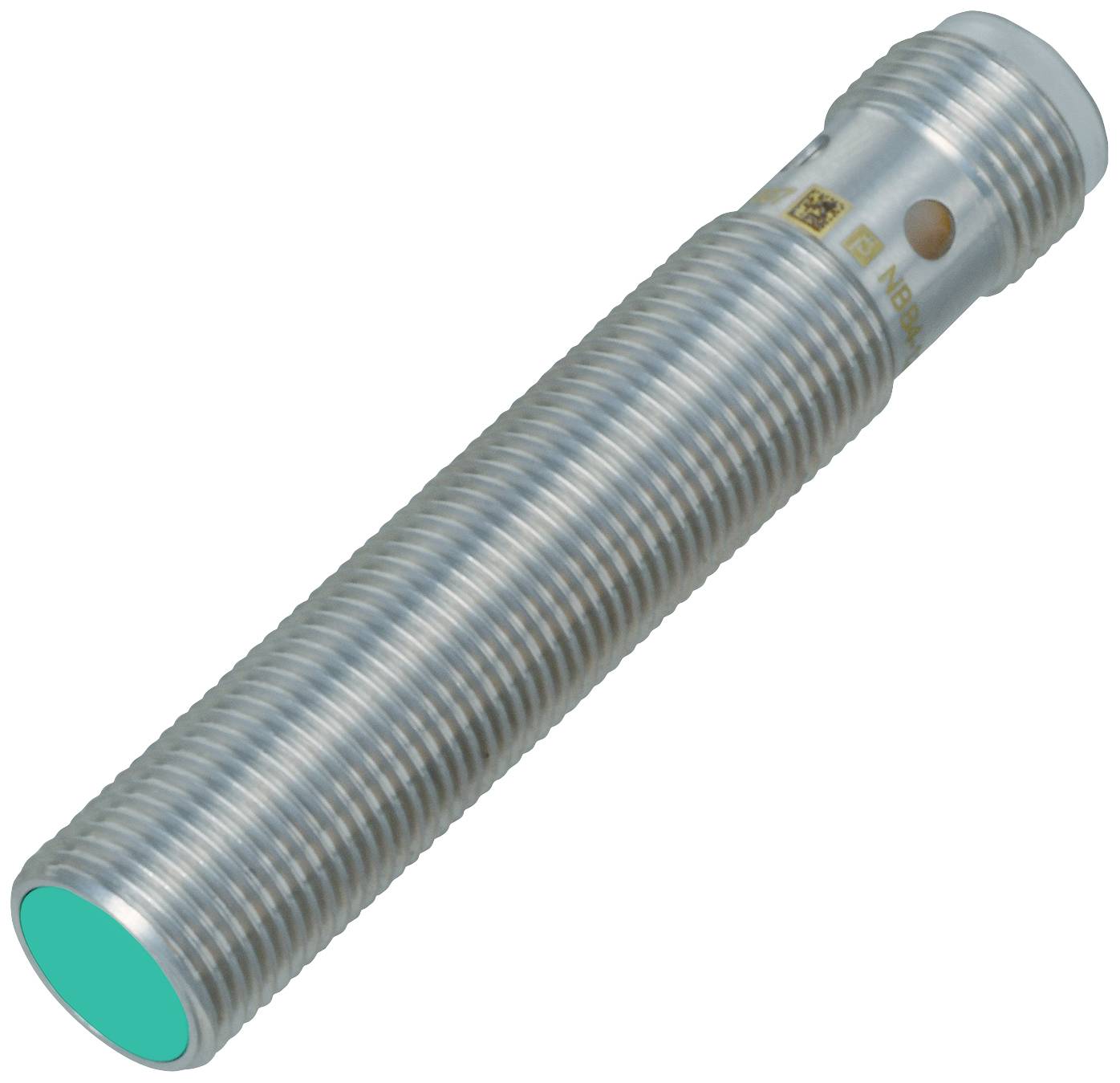 Sensore induttivo cilindrico metallico con custodia zigrinata. La parte superiore è verde, idoneo per il rilevamento di oggetti metallici.