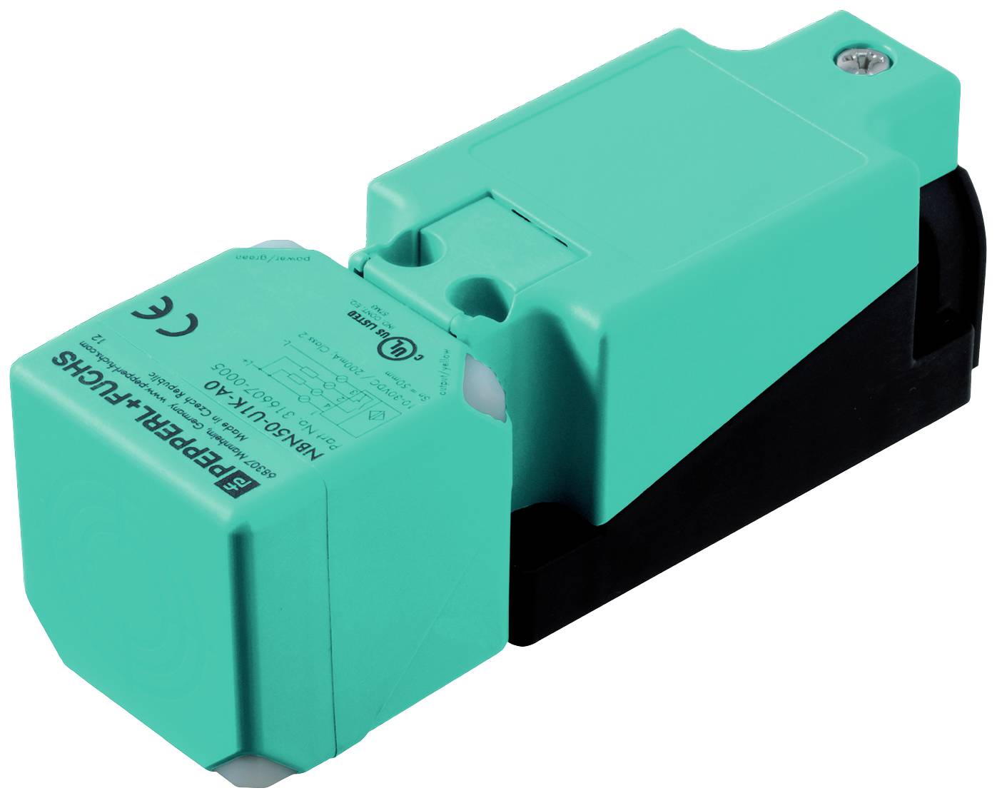 Un sensore verde e rettangolare con la scritta 'Pepperl+Fuchs', idoneo per applicazioni elettriche ed elettroniche.