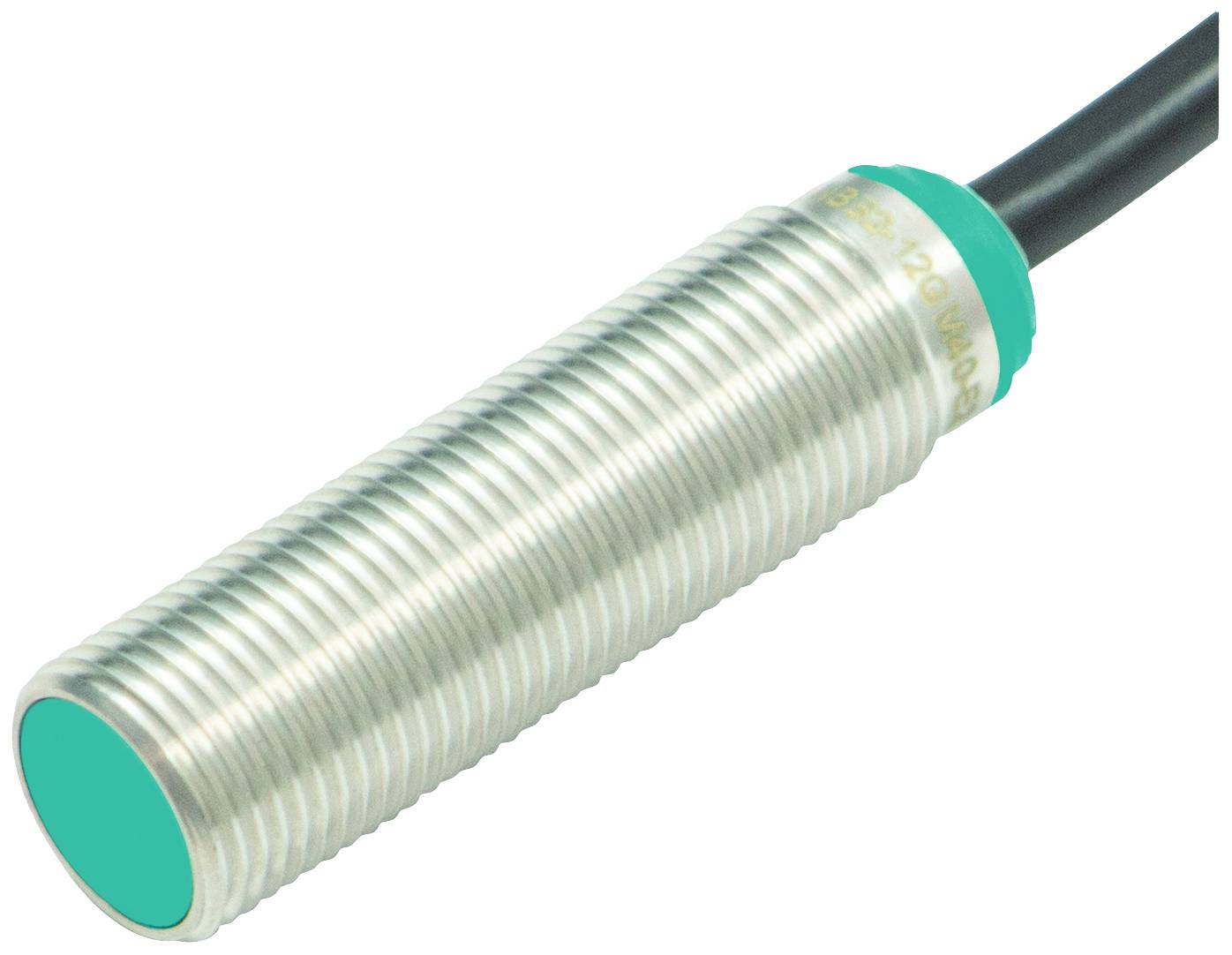 Sensore induttivo cilindrico con cavo. Adatto per il rilevamento di oggetti metallici in sistemi automatizzati.