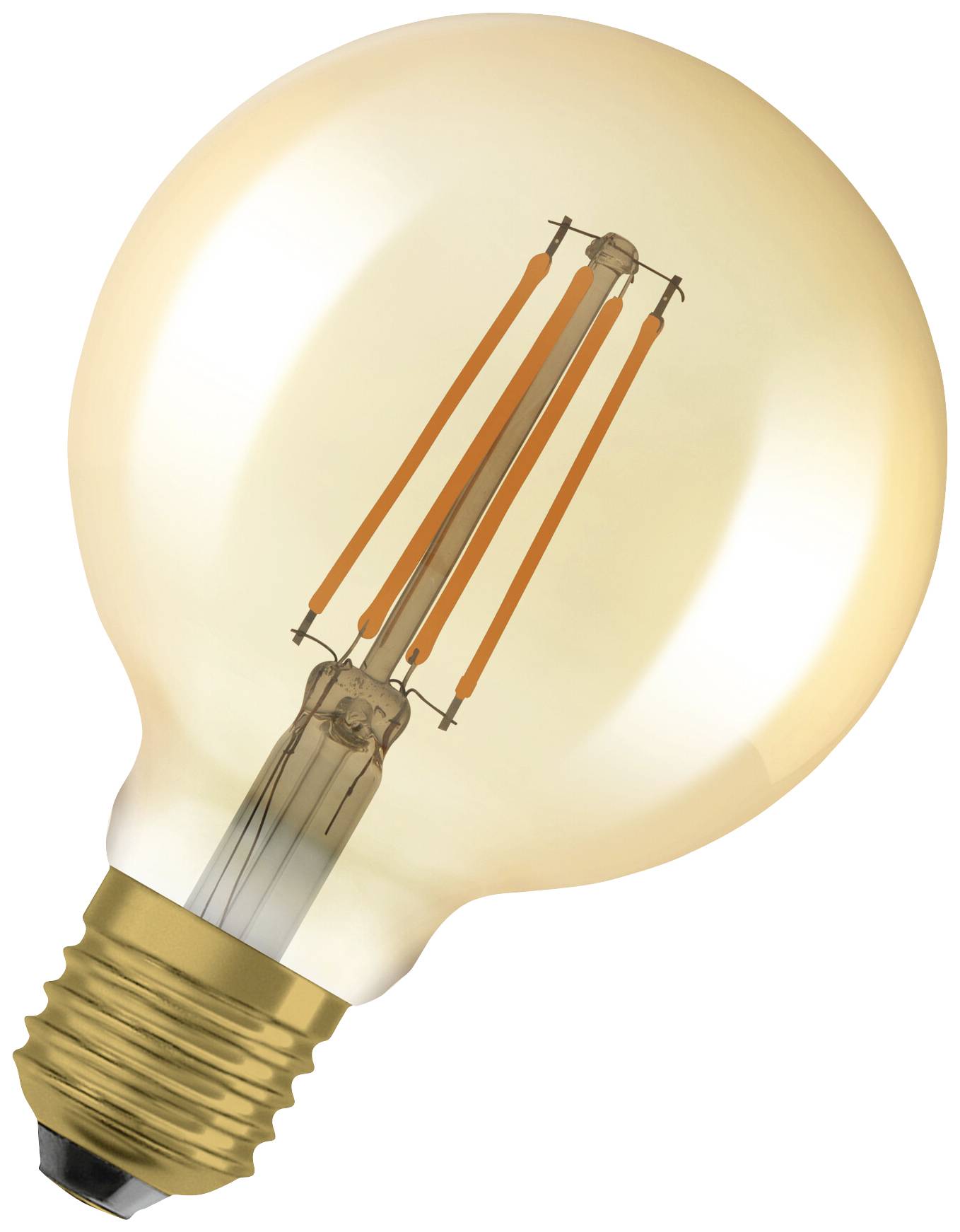 Una lampadina con filamenti visibili e montatura dorata che illumina.