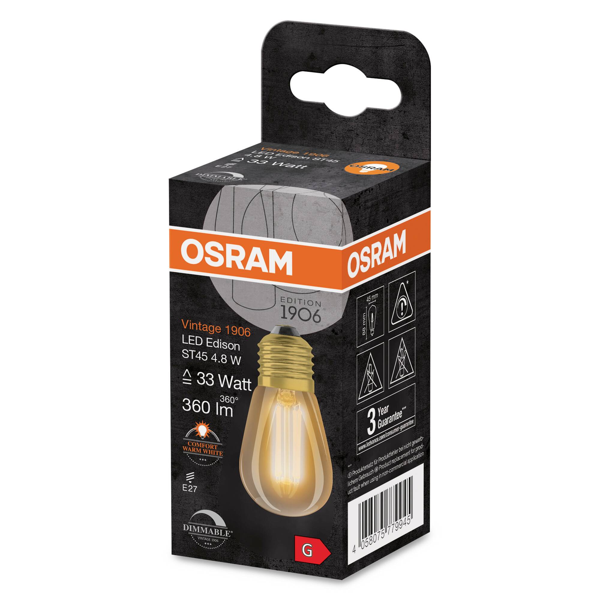 Confezione di una lampadina LED Osram Vintage 1906, ST45 4,8W, luce bianca calda, dimmerabile, equivalente a 33 Watt, attacco E27, 360 lumen.