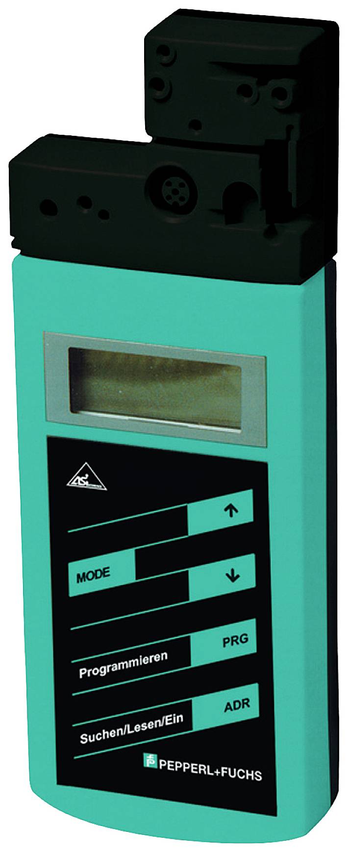 Dispositivo elettronico portatile di Pepperl+Fuchs con tasti per 'Modalità', 'Programmazione', 'Ricerca/Lettura/Accensione' e 'ADR'.