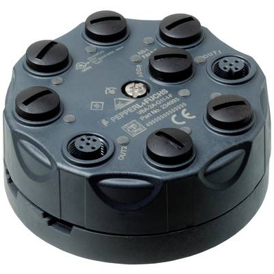 Distributore sensore nero rotondo con otto connessioni e etichette sulla superficie superiore, di Pepperl+Fuchs, modello V1-G.